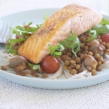 Pan Fried Salmon on Lentils with Rice Noodles
