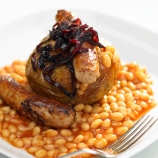 Jacket Potato with Posh Sausage, Beans & Red Onion