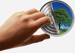 Hand opening a can with a tree inside