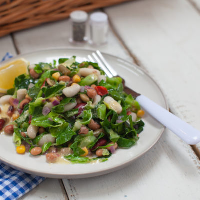 Warm spring greens and mixed bean salad