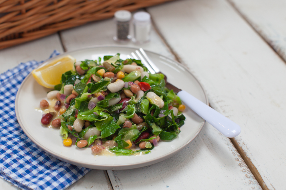 Warm spring greens and mixed bean salad