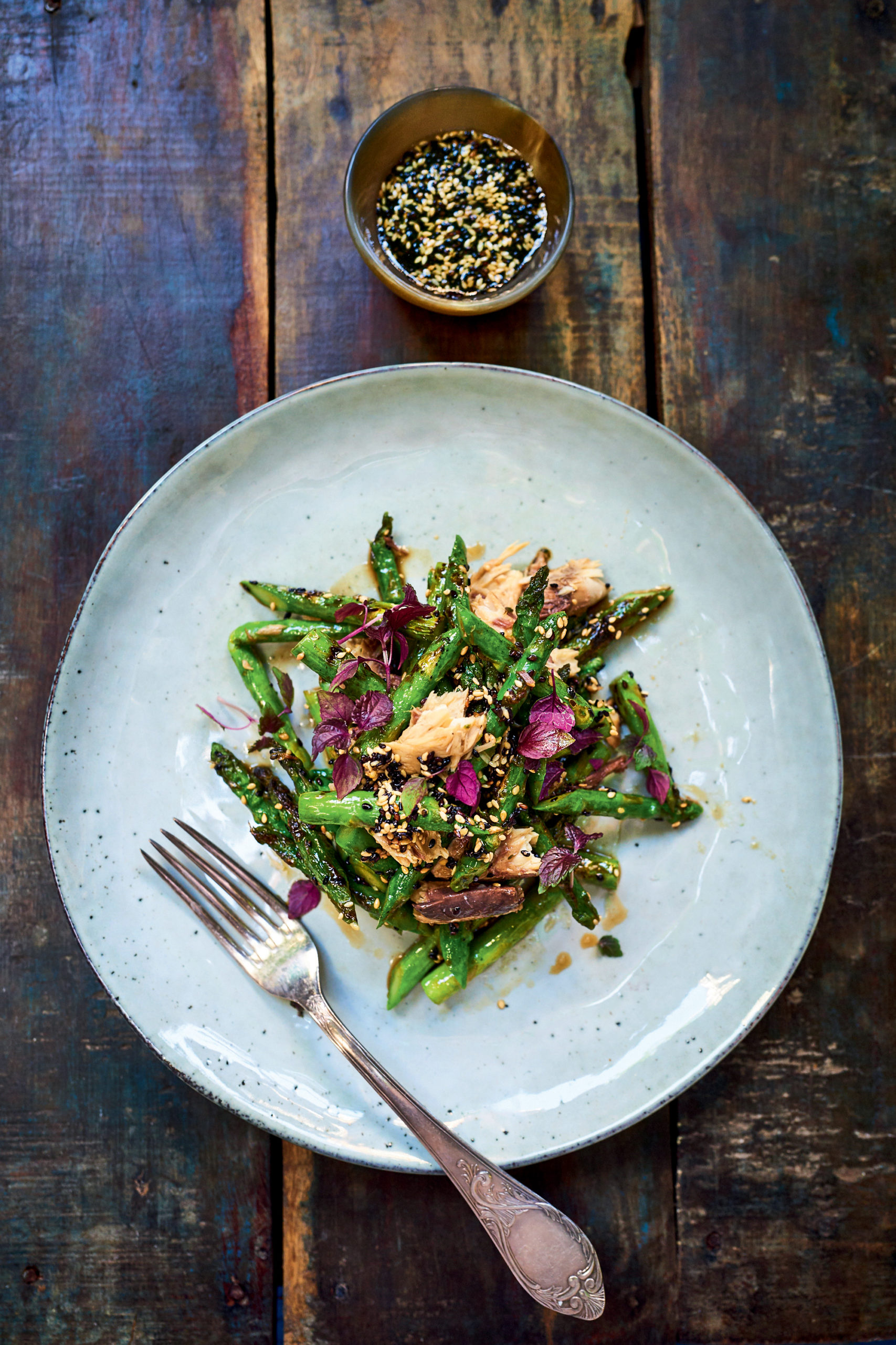 Mackerel Asparagus Salad with Sesame Vinaigrette.The Tinned Fish Cookbook.Credit David Loftus
