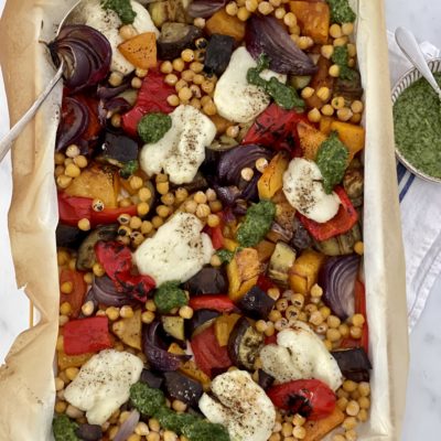 Halloumi Vegetable & Chickpea Traybake with Salsa Verde