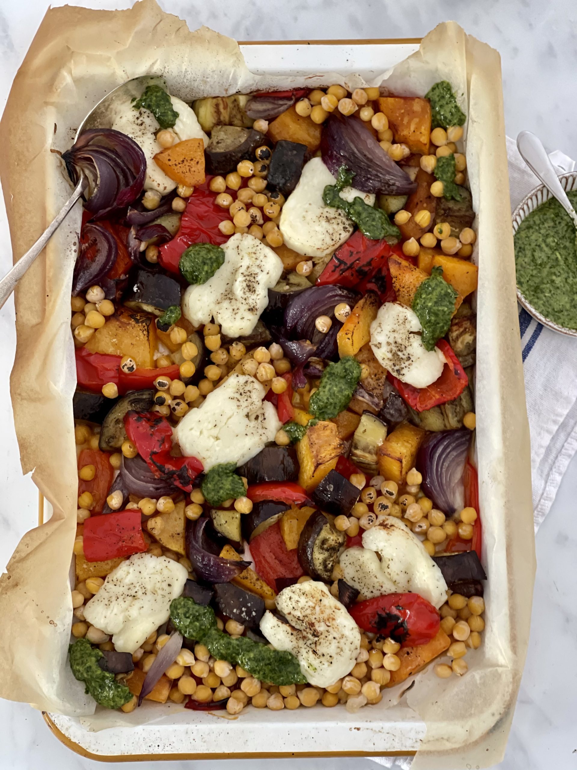 Halloumi Vegetable & Chickpea Traybake with Salsa Verde